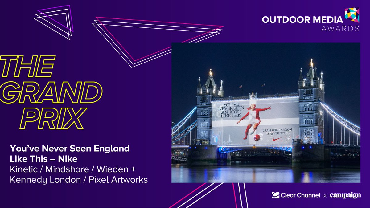 And finally, we come to the Grand Prix! The judges recognised the creative excellence and ongoing commitment to our medium. The Grand Prix Award goes to…<a href="/Nike/">Nike</a> for ‘You’ve Never Seen England Like This’! Congrats @Mindshare_UK <a href="/WiedenKennedy/">Wieden+Kennedy</a> <a href="/Pixelartworks_/">Pixel Artworks</a>🏆 🎉#OMA2023 #Awards