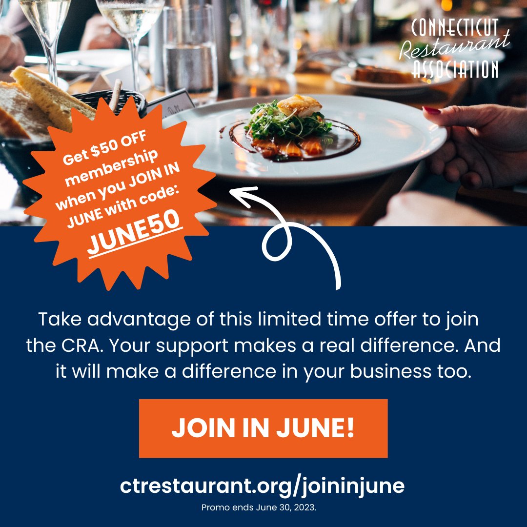 ctrestaurant's tweet image. Take advantage of our #JoininJune promotion and save $50 off membership dues when you join the Connecticut Restaurant Association in the month of June!🙌

Use code JUNE50 at checkout. 

More info here: ctrestaurant.org/joininjune
#ctrestaurants