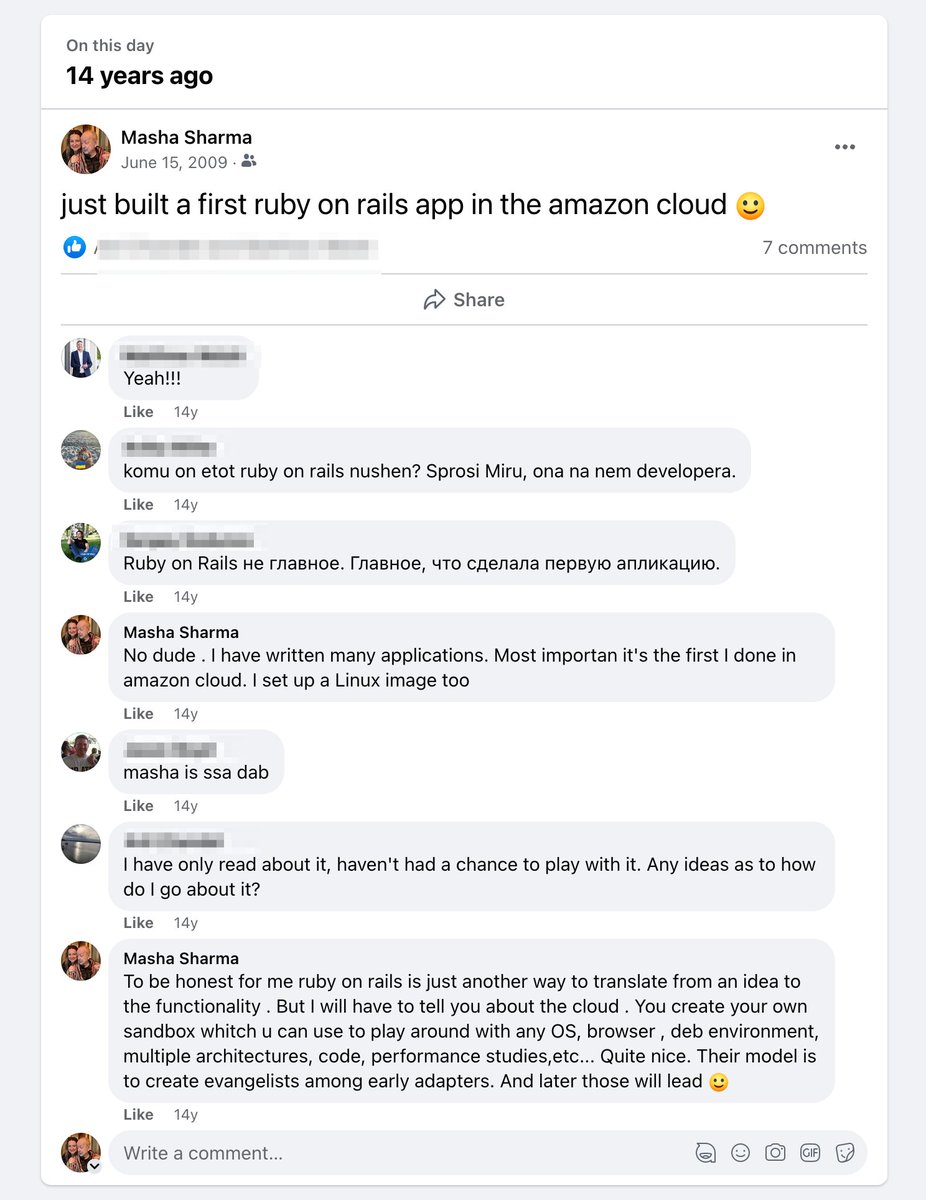 genideva's tweet photo. apparently I built my first ruby on rails app 14 years ago in AWS . I totally forgot that I did that  or that I knew anything about Ruby 😃 My observation is still valid : Cloud Evangelism is a thing and Coding Language is just a utility to get to executing the vision  #Engineering #coding #ployglot #ProductManagement