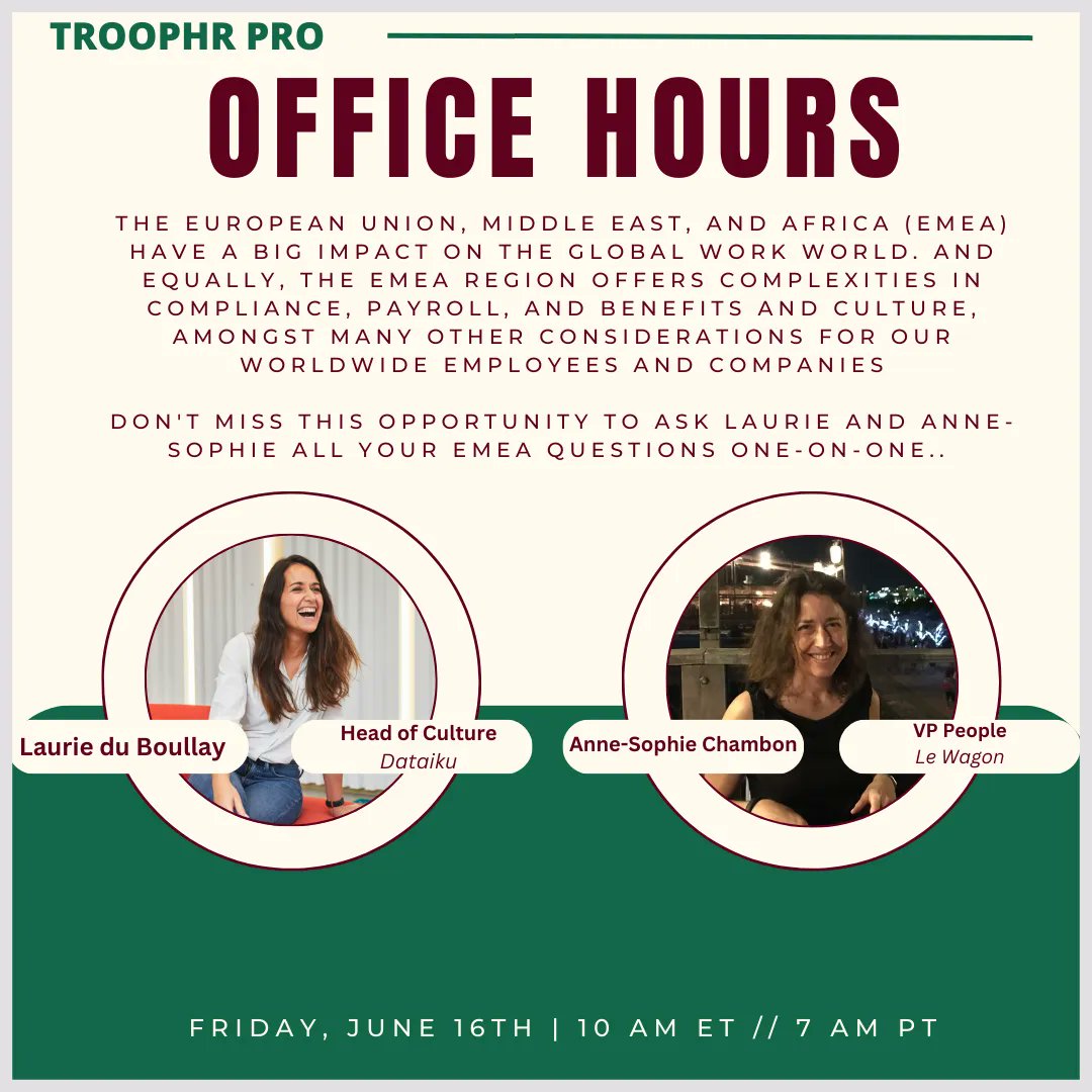 JoinTroopHR's tweet photo. Tomorrow Laurie du Boullay and Anne-Sophie Chamblon will be joining us in this week's Office Hours! Don’t miss the chance for one-on-one time with two HR Pros who understand the complexities of the EMEA. 

Click here to learn more: https://t.co/esp3uNTWXo https://t.co/PGSoZ5HhdL
