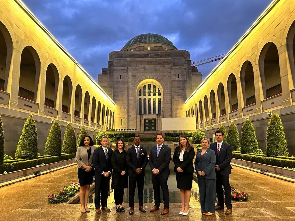 ACYPL's tweet photo. #acyplDownUnder has stayed busy, meeting Senate President @linessue of @AustralianLabor, Senator (and rugby legend!) @DavidPocock, and @SenatorSurfer of the @Greens, in addition to touring the Parliament House and the Commemorative Courtyard at the Australian War Memorial. https://t.co/QtXYV3xcHh