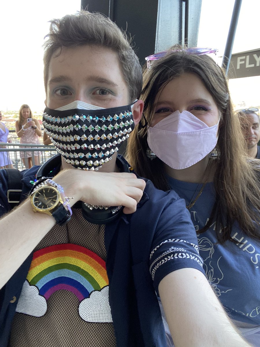 Me double masked at the Eras Tour!! Had an N95 on underneath the fancier mask for extra protection and also for when the outer mask got too tight halfway through the show.