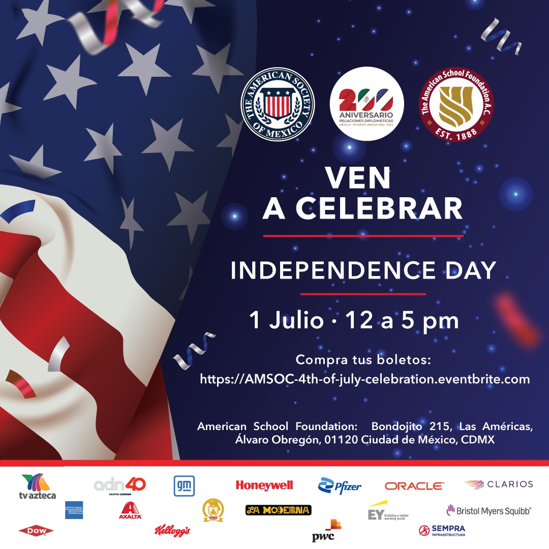 Vive el #IndependenceDay en <a href="/ASFmex/">ASF</a>, el sábado 1 de julio a partir de las 12:00 hrs. Habrá regalos (pista: <a href="/Raiders/">Las Vegas Raiders</a> y <a href="/Bengals/">Cincinnati Bengals</a>), música, baile y diversión. 
Compra tus boletos aquí: eventbrite.com/e/4th-of-july-…