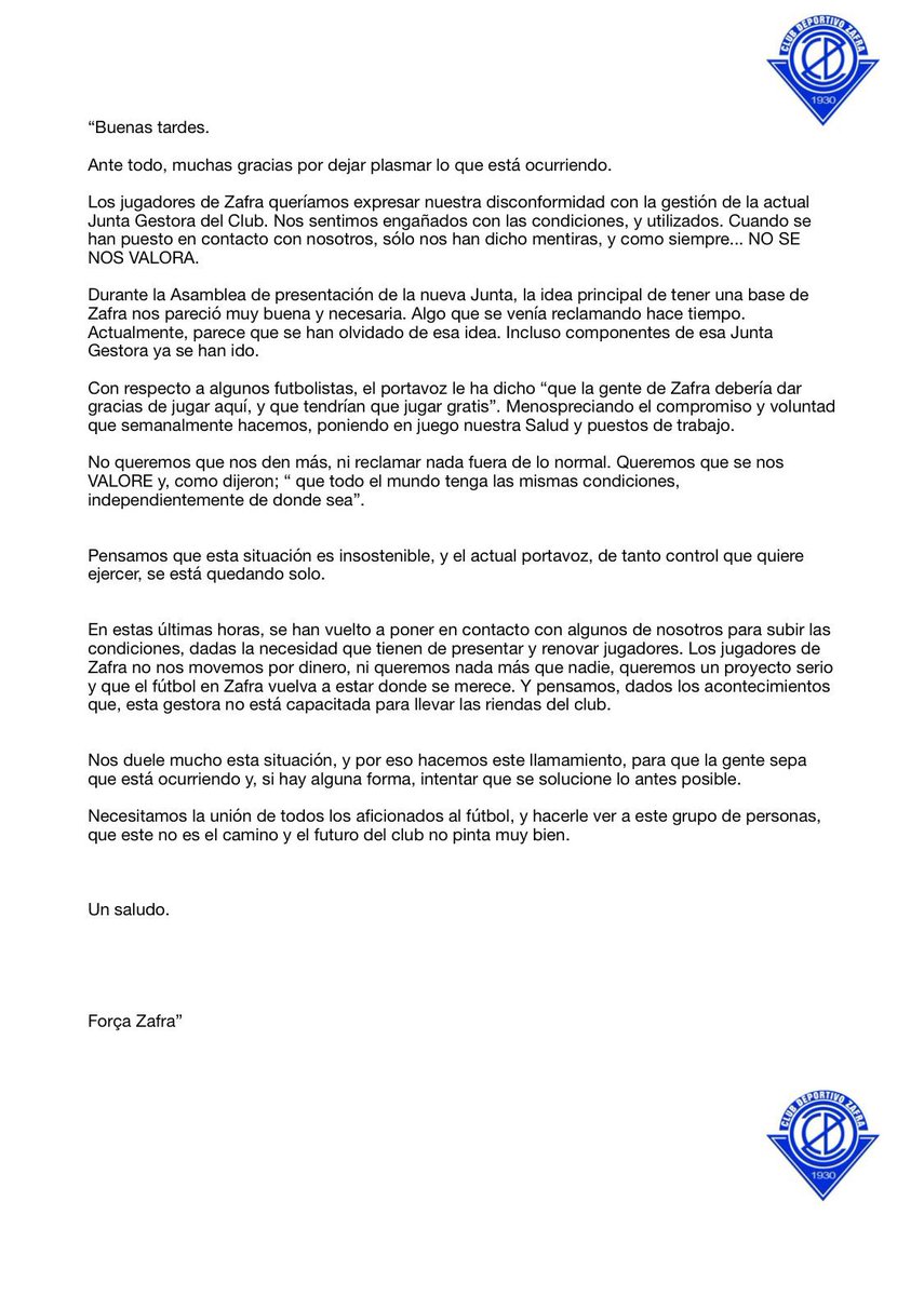 AficionCDZafra's tweet photo. ❗️COMUNICADO DE LOS JUGADORES ❗️ https://t.co/3lI3lKCbHq
