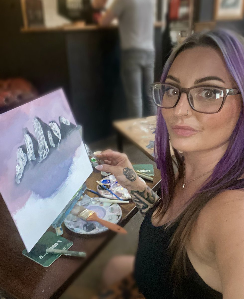 kitkat000's tweet photo. In an attempt to step outside my comfort zone last night I decided to attend a Bob Ross painting night. The whole thing was going so fast 😳 I missed the start, then realised I was about 15 steps behind everyone 🤦🏻‍♀️🤣 so decided to go rogue .. art is subjective, right? 🤷🏻‍♀️🤣 https://t.co/BTU6ZrSUbT