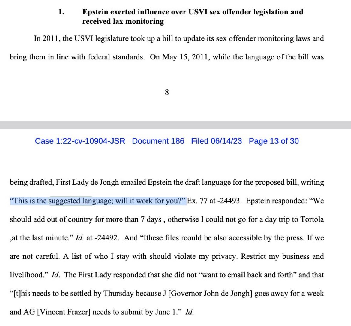 This is chilling…

The First Lady of the US Virgin Islands Cecile de Jongh aided Jeffrey Epstein in his campaign of sexual violence and trafficking. 

She arranged visas and ESL classes for Epstein’s victims. 

She even emailed with him about sex offender legislation and said