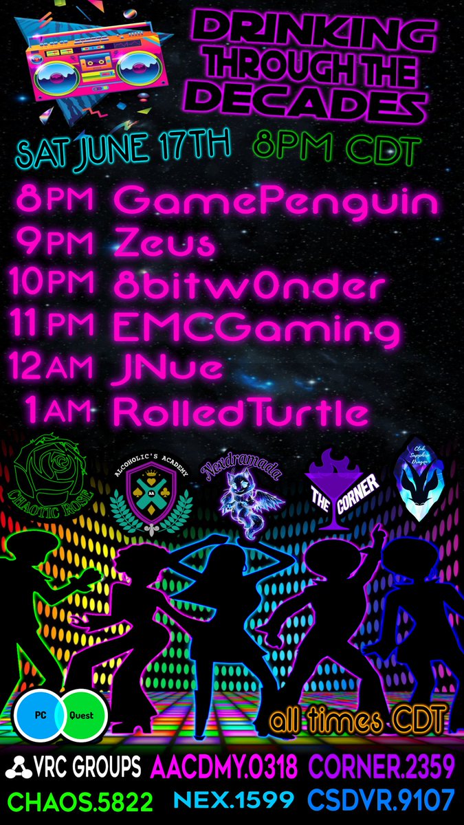 thecornervr's tweet photo. Join us on Saturday for a themed collab~ We'll be enjoying nostalgic themed sets all night! 70s, 80s, 90s and 2000s music! 
#VRChat #thecorner #thecornervr #chaoticrosevr #chaoticrose #chaoticrosevrc #chaoticroses  #vrchatclubs #vrchatevent #vrcclubbing #vrcevents https://t.co/lV1iYrk4Ff