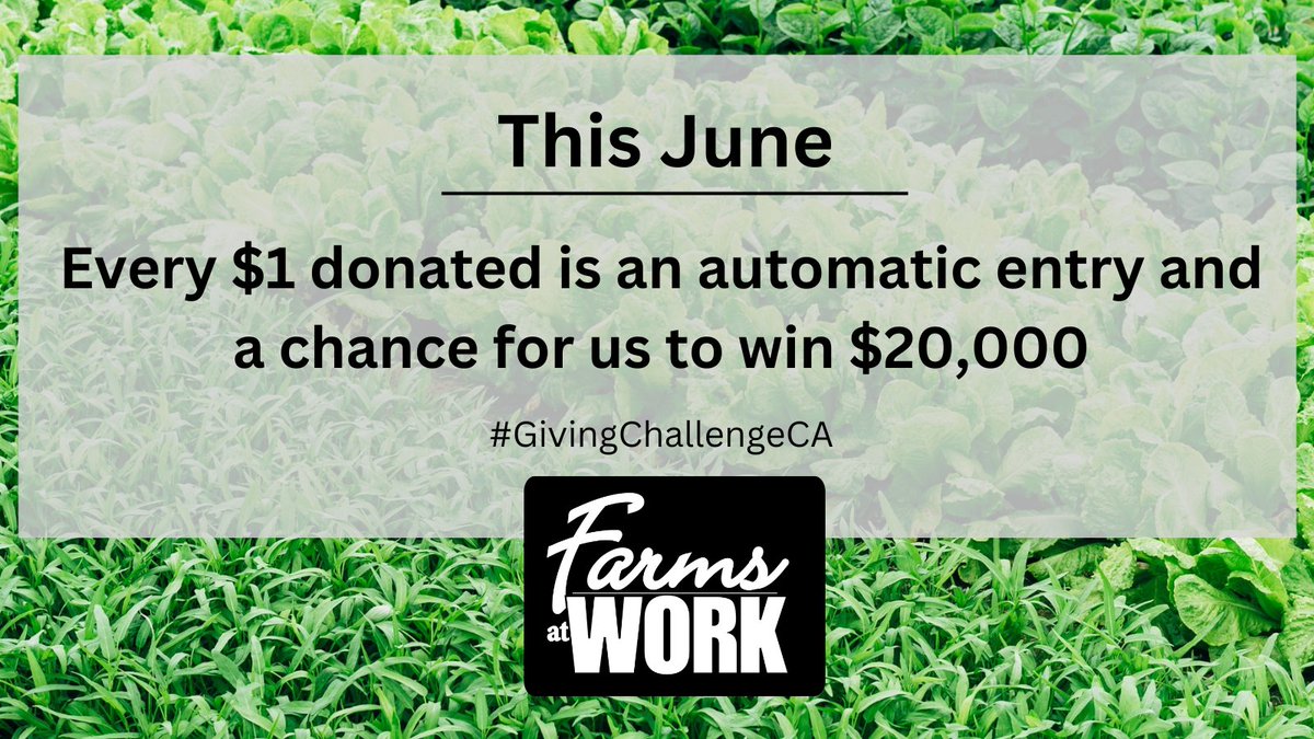 We are participating in the Great Canadian Giving Challenge, join us! 

Throughout the month of June, every dollar you donate to Farms at Work will automatically enter us for a chance to win $20,000!

Donate today at farmsatwork.ca/donation

#GivingChallengeCA #FarmsatWork