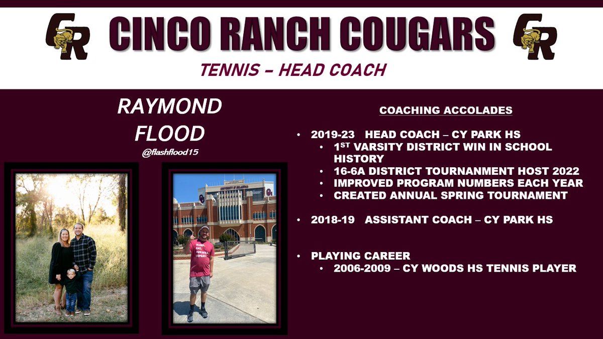 Welcome to Cinco! Coach Raymond Flood, new head tennis coach! @flashflood15 @CincoAthletics