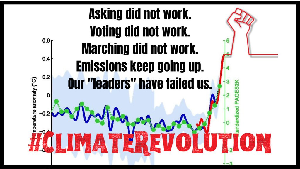 @antonioguterres @SaleemulHuq Governments working in cahoots with #FossilFuel corporations have had their chance and have been an utter and complete #Fail.

It is time for the people to take matters into our own hands: massive, peaceful #NVDA - a #ClimateRevolution if you will.

I will.