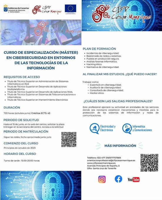 _yguanche's tweet photo. Curso de Especialización (Máster) #Ciberseguridad en @cifpcesarm  puedes acceder desde Ciclos Superiores de Informática. Comienza en Octubre, presencial de tarde, 720h. Plazo ampliado hasta el 16 de Junio ⌛️accede a la solicitud en el siguiente enlace https://t.co/4qLVGAQWyT https://t.co/0NUf5hHAh6