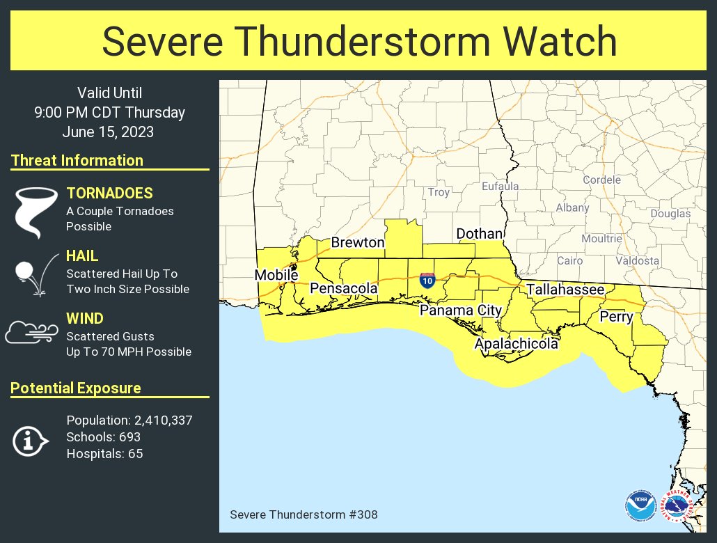 NWSMobile's tweet photo. A severe thunderstorm watch has been issued for parts of Alabama and Florida until 9 PM CDT https://t.co/JuZ0uo6sa3
