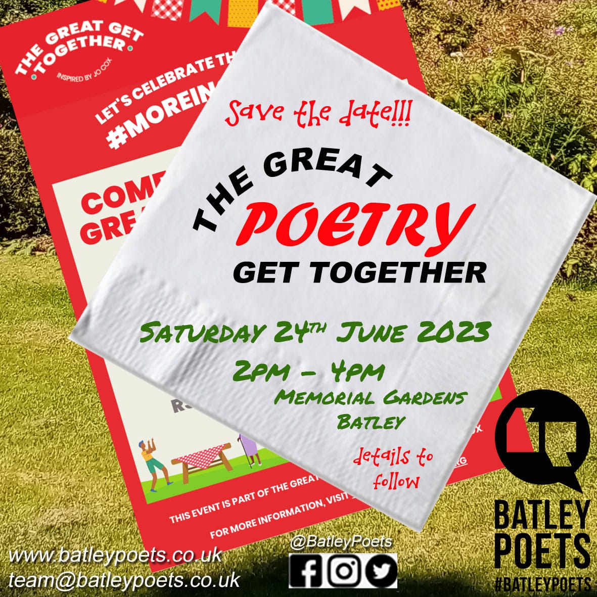 Save the date! Join us for The Great Poetry Get Together on Saturday 24th June from 2-4 PM in Batley #GreatGetTogether