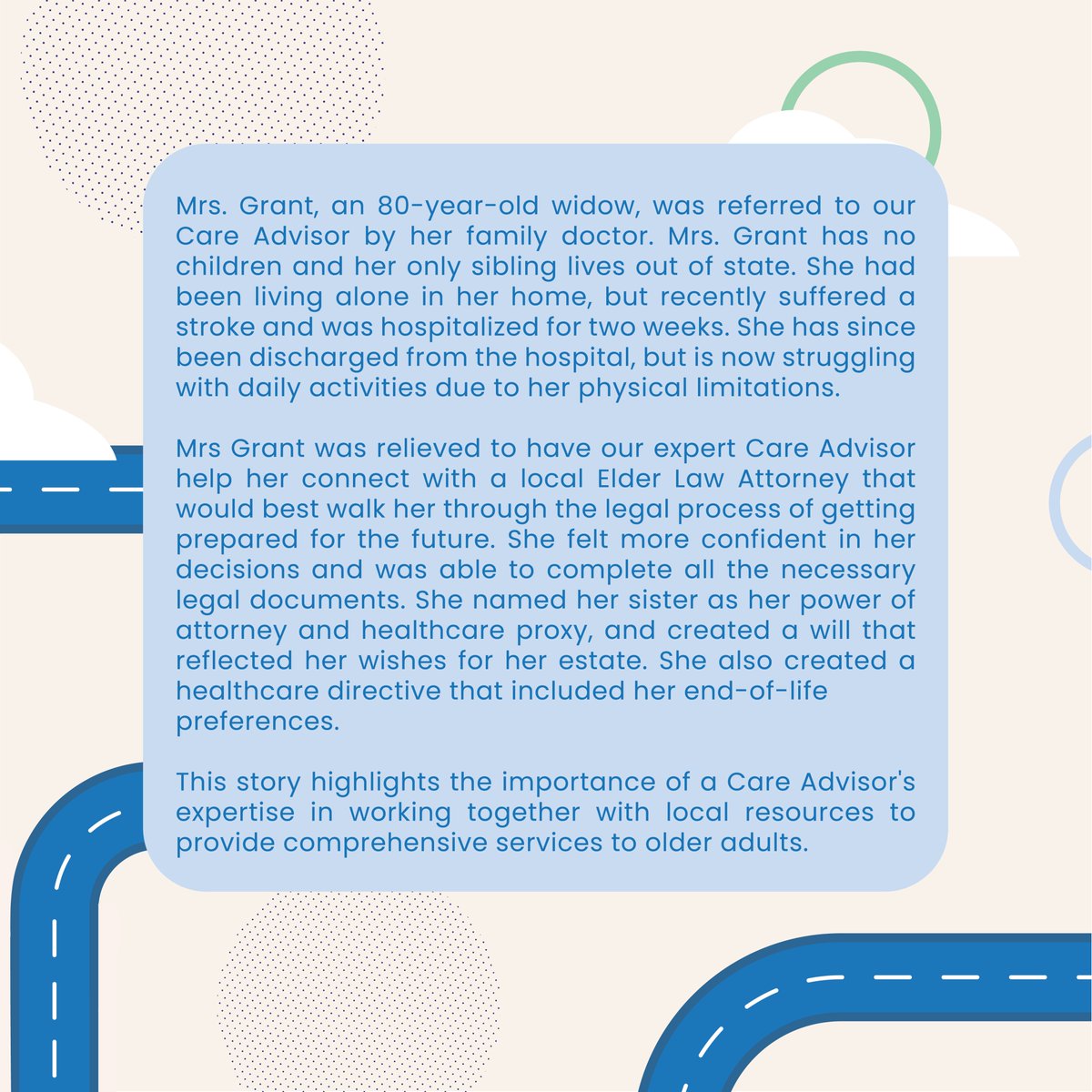A stop on the journey! 🛣

See how our Care Advisor helped guide a family to and through the process of Elder Law.

Here to help you navigate with ease.
Call us at 1-888-888-2191 today!