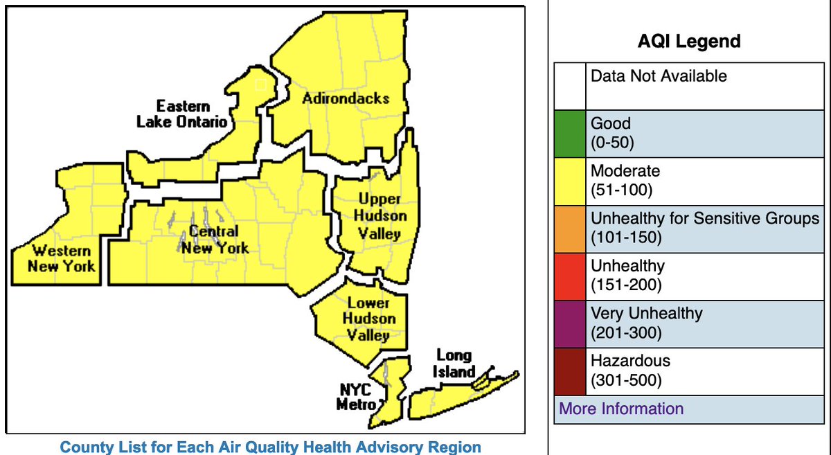 NYSDEC's tweet image. Forecast for tomorrow, June 16, shows smoke from Canadian wildfires will be visible high in the atmosphere with moderate levels of PM2.5 (particle pollution) forecast at ground level. Moderate levels are far below those seen last week.

See the forecast at dec.ny.gov/cfmx/extapps/a…
