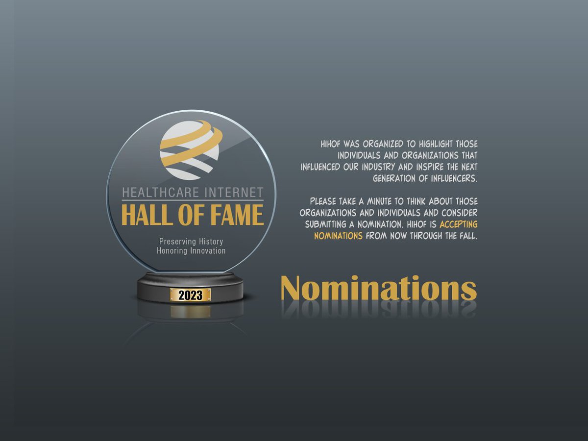 HealthcareHIHOF's tweet photo. Nominations are open for the Healthcare Internet Hall of Fame Class of 2023 Inductees. Here's your chance to nominate a healthcare marketing rock star as an Innovative Individual or Innovative Organization! Submit a nomination here: https://t.co/4mkfeK01h9 #hcmktg #HIHOF https://t.co/Hn1kujDEr9