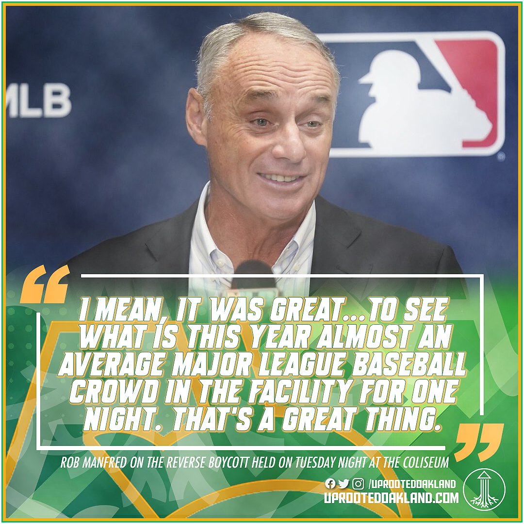 In a sea of tone-deafness, MLB Commissioner Rob Manfred makes the most tone-deaf comments of all.

Let this fuel add to your fire, Oakland. They are aware. They are complicit. And they do not care.

#Athletics #RootedInOakland #Manfraud