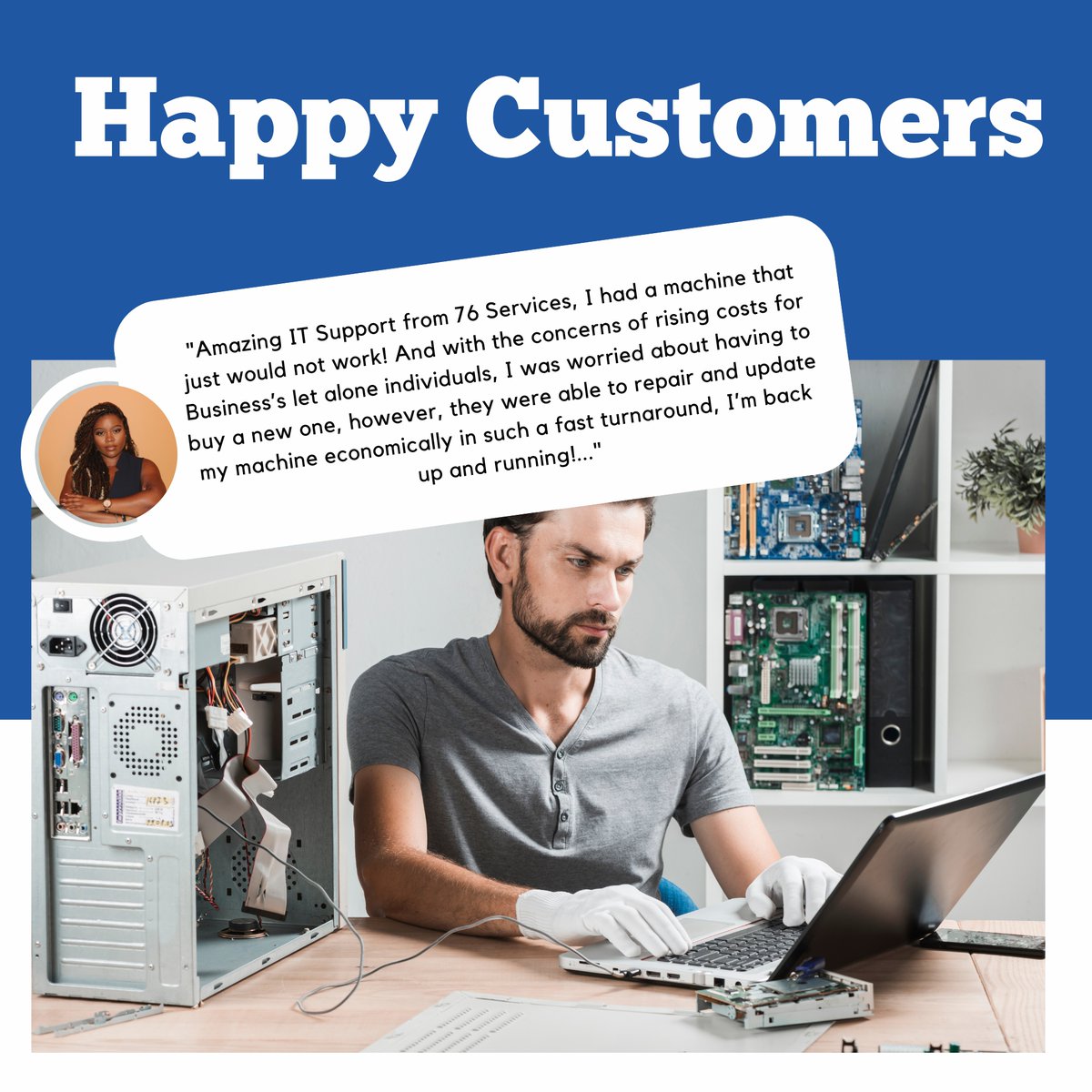 🌟 Customer Spotlight! ⭐️

🙌 Thank you, Mary, for your kind words! We're thrilled to have been able to assist you. 💻🔧

#CustomerReview #ITSupport #SatisfiedCustomers #76services #SmallBusiness #supportsmallbusiness #happycustomer #CustomerService