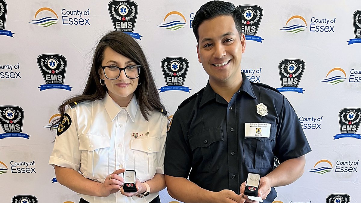 EssexWindsorEMS's tweet photo. Congratulations ambulance communications officer Victoria Fawcett-Bice and @WindsorFire1  firefighter Anthony Kouzoukas.
#SurvivorStories2022
Learn more: https://t.co/xtvF260y5E https://t.co/Ia65fnixXQ