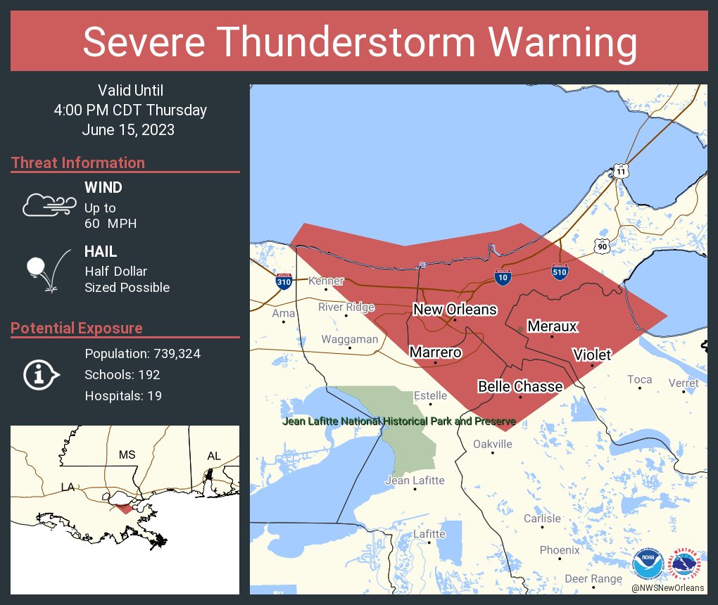 Severe Thunderstorm Warning including New Orleans LA, Metairie LA and  Marrero LA until 4:00 PM CDT