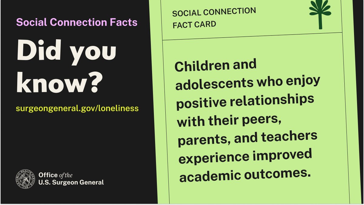 The benefits of social connection extend beyond health and well-being. In fact, positive social connections are vital for learning. Discover how meaningful relationships with peers and teachers can improve academic outcomes for youth: surgeongeneral.gov/loneliness