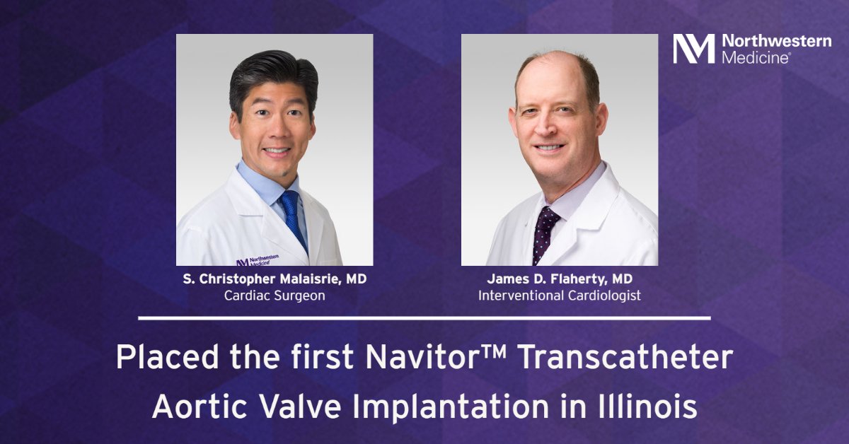 NM Cardiovascular (@nmcardiovasc) on Twitter photo S. Chris Malaisrie, MD (<a href="/ChrisMalaisrie/">S Chris Malaisrie</a>), and James D. Flaherty, MD (<a href="/jdflaherty/">james flaherty</a>), of Northwestern Medicine Bluhm Cardiovascular Institute, have implanted the first Navitor (TM) transcatheter aortic valve in Illinois. This device is for patients with severe aortic stenosis who S. Chris Malaisrie, MD (<a href="/ChrisMalaisrie/">S Chris Malaisrie</a>), and James D. Flaherty, MD (<a href="/jdflaherty/">james flaherty</a>), of Northwestern Medicine Bluhm Cardiovascular Institute, have implanted the first Navitor (TM) transcatheter aortic valve in Illinois. This device is for patients with severe aortic stenosis who