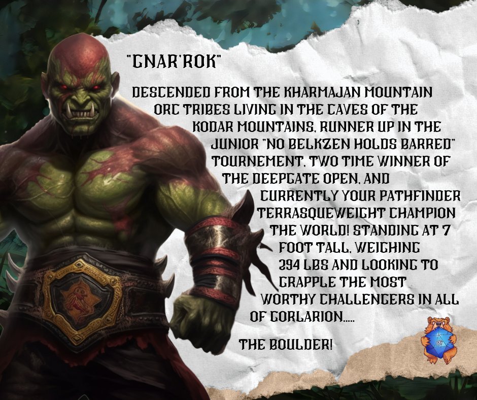 SavageBearPod's tweet image. Prepare for the #wrestling orc from Kharmajian mountains! 🥊🥊 Gnar’Rok is bringing his grappling &amp;amp; fist throwing techniques to the society as a Braggart #Swashbuckler! Raining in at level 2 providing his #dexterity, #strength &amp;amp; #charisma he's ready to make any adversary tap out!