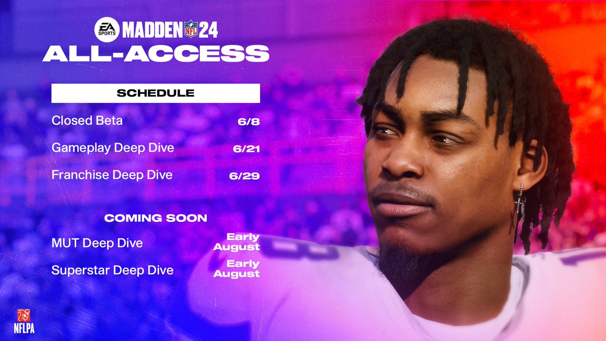 EAMaddenNFL's tweet photo. 🚨 #Madden24 All-Access Schedule 

Gameplay Deep Dive next week 👀 https://t.co/oVlon2Pzg1