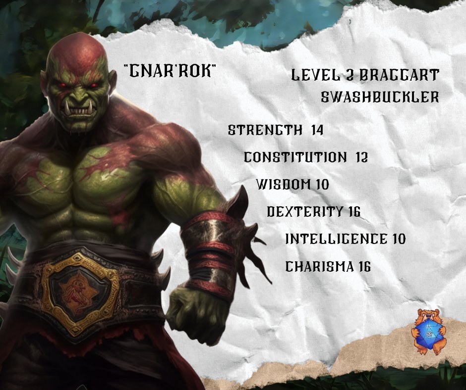 SavageBearPod's tweet image. Prepare for the #wrestling orc from Kharmajian mountains! 🥊🥊 Gnar’Rok is bringing his grappling &amp;amp; fist throwing techniques to the society as a Braggart #Swashbuckler! Raining in at level 2 providing his #dexterity, #strength &amp;amp; #charisma he's ready to make any adversary tap out!