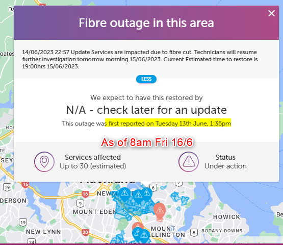 nznui's tweet photo. @devanbickley @ChorusNZ @ChorusNZ Thu night came and went, and still no internet Fri 16/6 morning. Your outage site says this now: https://t.co/KZDmgkH37L