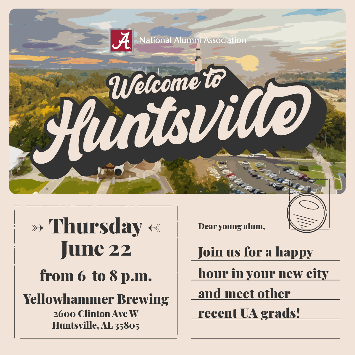 Huntsville alums: we want to see you next week at Yellowhammer Brewing! We'll give out drink tickets while you meet other young alums and learn how to get involved with the local chapter. Register for free + you might win a T-shirt. See you there! 🍻

eventbrite.com/e/welcome-to-t…