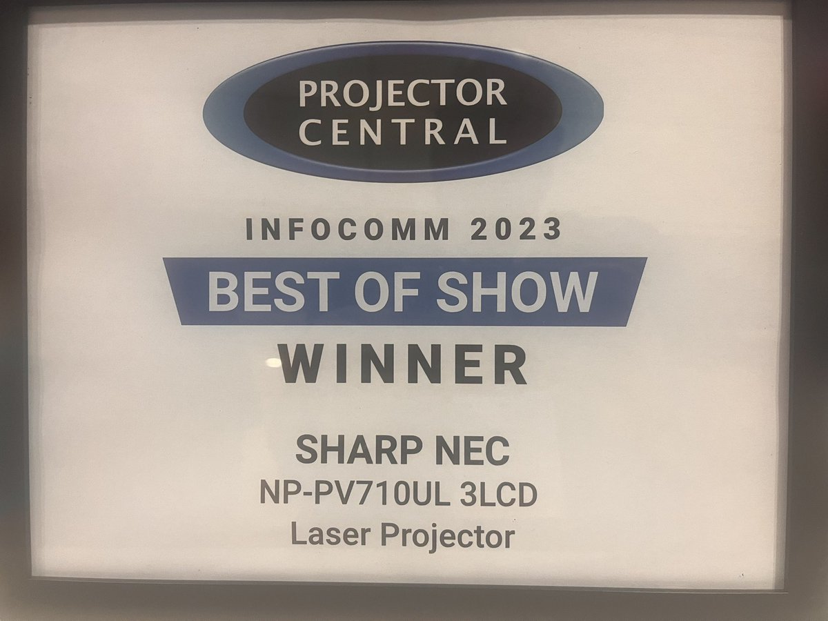 🚨 #Infocomm23 WINNER 🚨

@SharpNECDisplay @SharpNEC_EU @SharpNEC_UK awarded @ProjectorCentrl ‘Best of Show’ for their NP-PV701UL 3LCD Laser Projector!

#AVTweeps #AVBrits🇬🇧 #ProAV #AVInTheAM #SharpNEC #DisplaySolutions #ProjectorCentral