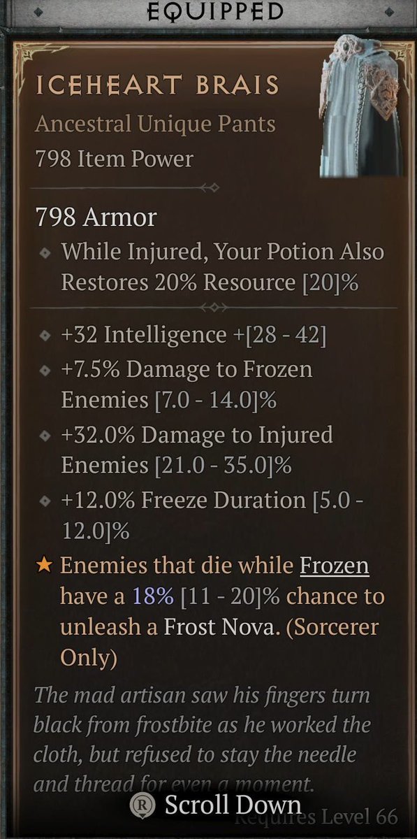 raenrek's tweet photo. So after deleting my Raiment on Tuesday night….. got on last night, got through Capstone and jumped into Torment.  Went to Helltide and got one of these to drop from a chest. #DiablolV #Iceheart #PS5 https://t.co/EdUngKjMHu