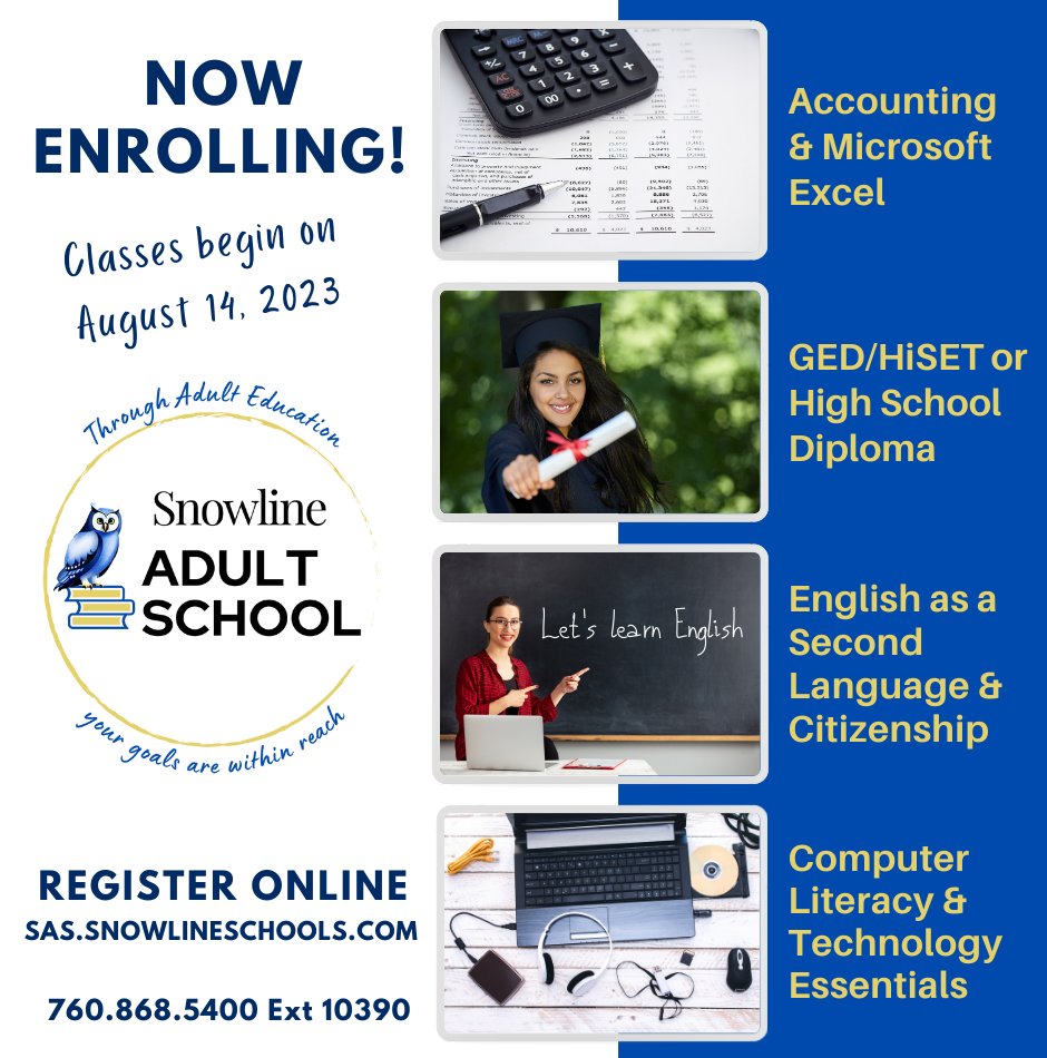 Register now for Fall Classes! sas.snowlineschools.com/apps/pages/enr… FREE classes for Adults in Accounting, Microsoft Excel, Computer Literacy, GED/HiSET, Diploma and English as a Second Language. Complete the registration form online now, classes will begin on August 14th, 2023