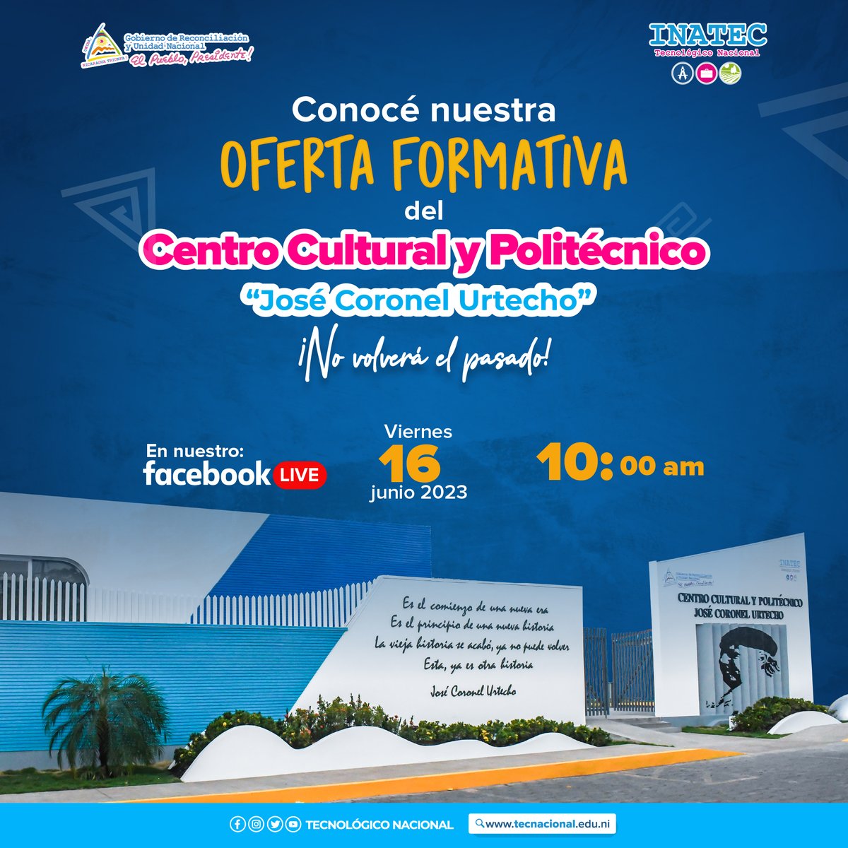 🔰Convertite en un profesional, estudiando en una de las carreras técnicas del sector comercio y servicio, industria y construcción.
‼️Conocé la oferta formativa en nuestro Facebook Live.
📌Mañana, 10:00 A.M. #SoyTecNicaragua