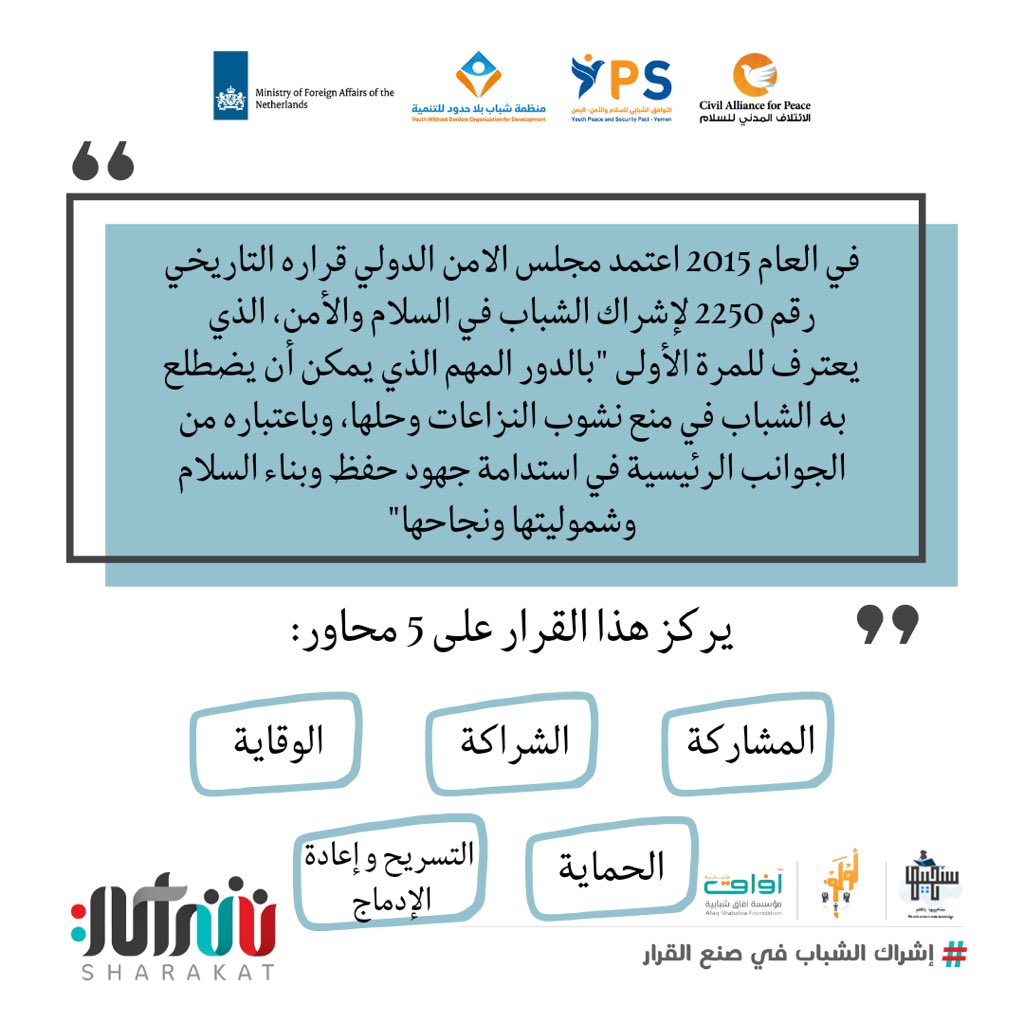 aul_f2's tweet photo. اعتمدت الأمم المتحدة في 2015م، القرار 2250 الخاص بالشباب والسلم والأمن، في  خطوة تهدف إلى تعزيز المشاركة الشبابية في رسم السياسات العامة وصنع القرار، https://t.co/cVx19BNVXt