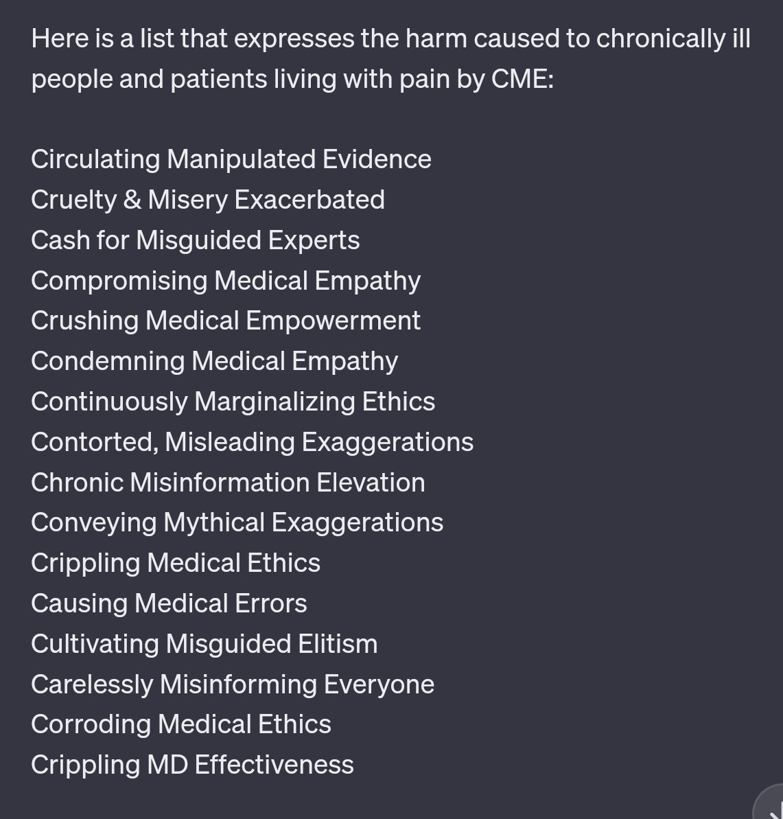<a href="/ibdgirl76/">Bev Schechtman🇮🇱</a> I asked Chat GPT what anti-opioid CME like this *actually* stands for.

It came up with some great results!