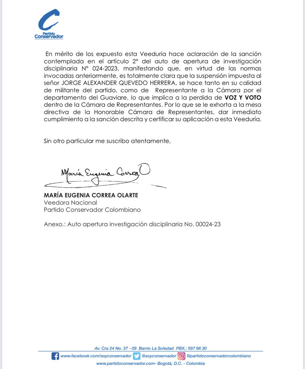 Atentos: El @soyconservador suspende al representante Alexander Quevedo @Alexanderq06 le retira su condición de congresista, le quita voz y voto tras haber incumplido ley de bancadas. Hoy Quevedo entró a la sesión de la Comisión VII de la @CamaraColombia y ayudó a hacerle quórum…