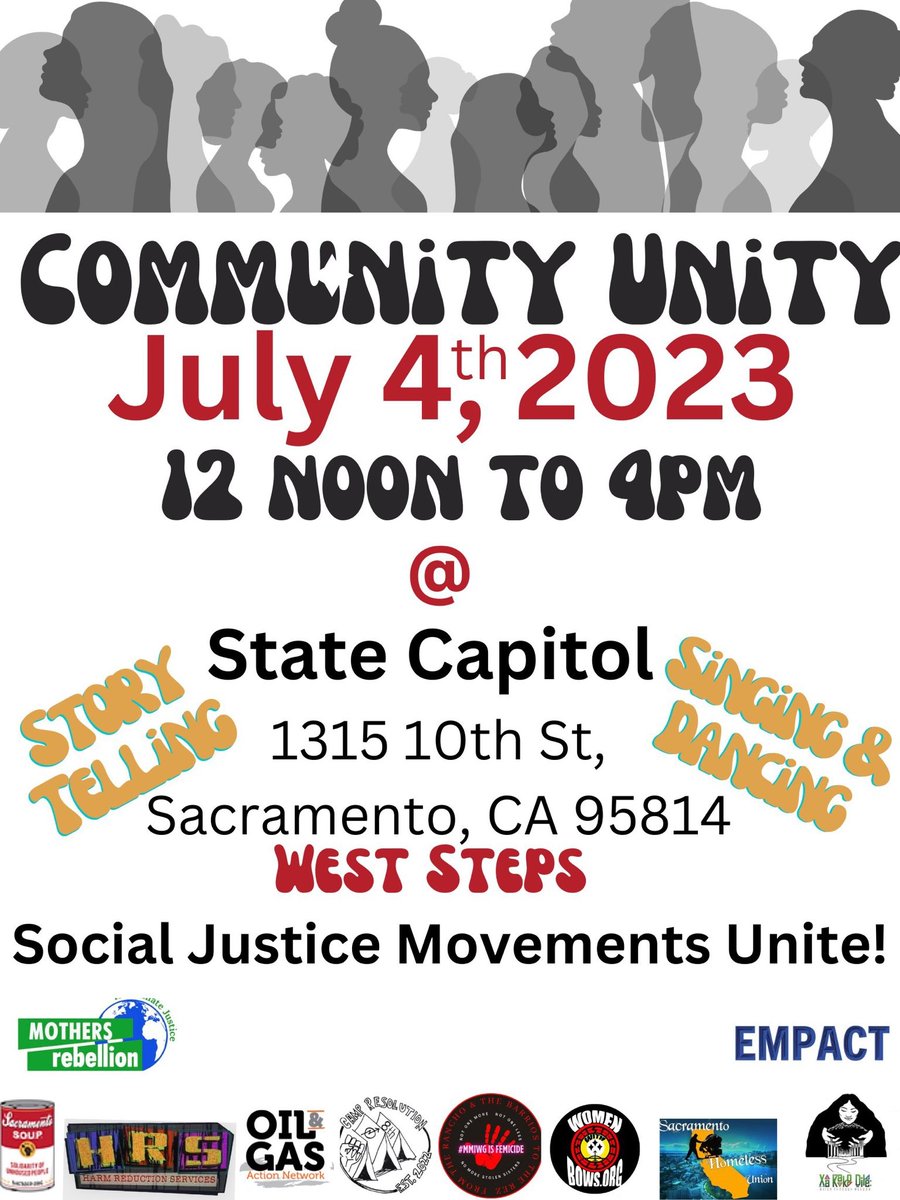 Community Unity event taking place on July 4th at the Capitol!!

@oil_action @shomelessunion @Sacramento_Soup @MothersRebel 

#strongertogether #unity #californiacapitol #ClimateAction #socialjustice #IndigenousJustice #IndigenousCommunities #bettertoday #BuildBetter #activism