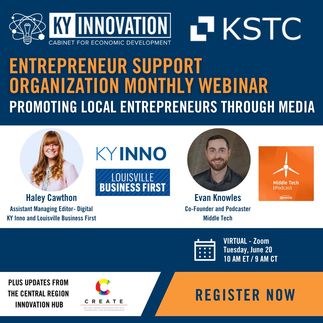 Join us and @kyinnovation next Tues. 6/20, 10am ET / 9am CT for a discussion with Haley Cawthon of @BFLouisville and Evan Knowles of @middletechpod about promoting our entrepreneurial ecosystem through media. Plus, hear updates from @CREATE_IC Register: buff.ly/45Y6FRD