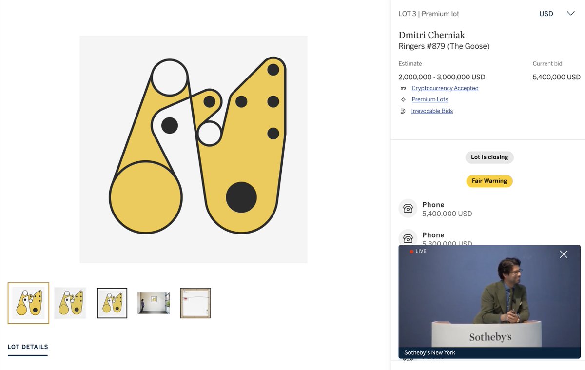 Goose sells for $5.4mn, 3237 ETH.  

In ETH terms it's the highest Art Blocks ever sold and nothing is even close.  

Second highest was 2100 ETH.