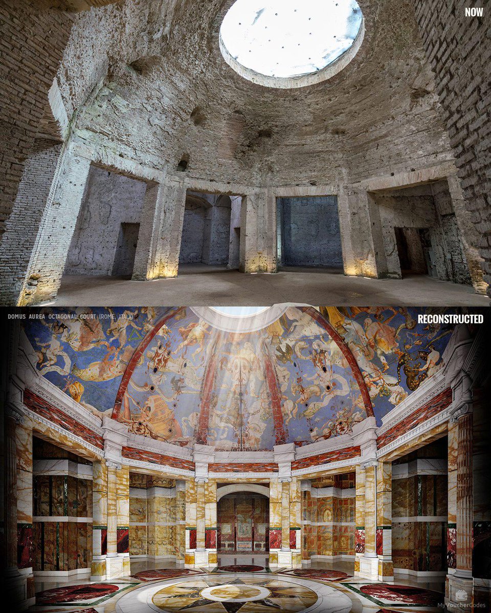 A reconstruction of the Domus Aurea in Rome - Nero's golden house.

Built by the Roman emperor c. 68 CE, it shows how the revolving octagonal dining room might have looked.

📷@Forbes

#Classics #Roman #Art #History #Rome #Archaeology