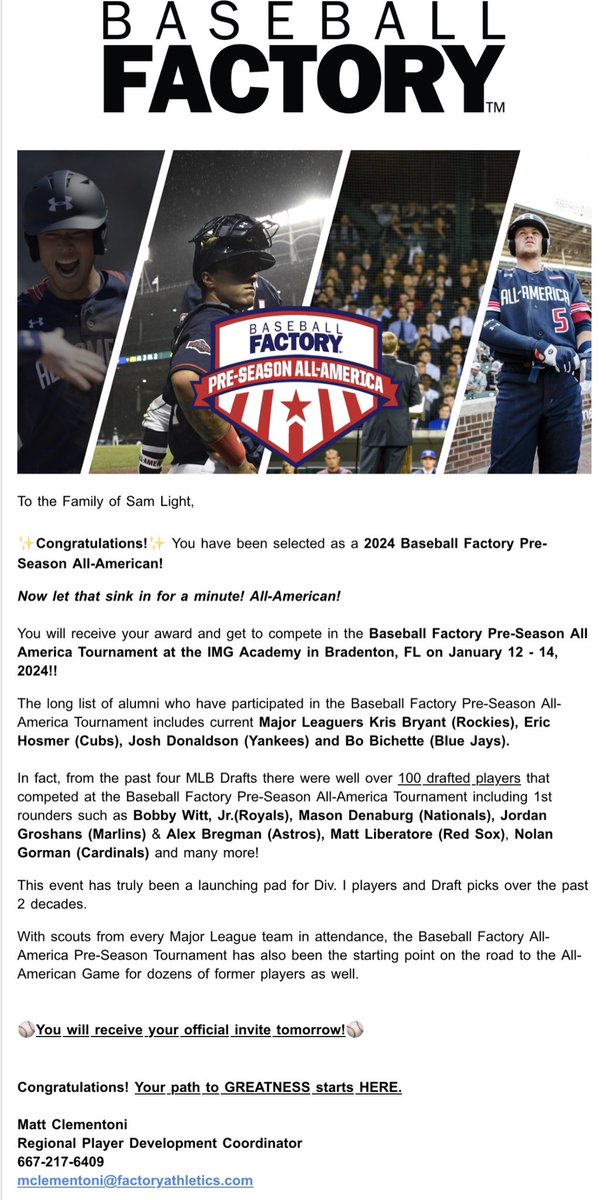 Grateful to be named a Pre-Season All-American by @BaseballFactory and invited to compete @IMGAcademy next January!