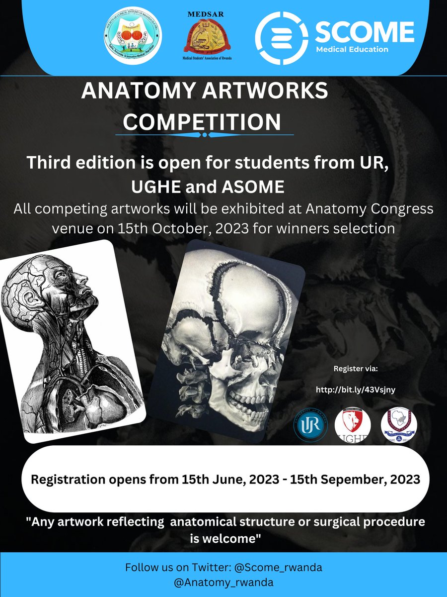 The third edition of the Anatomy Artworks Competition is here🐼

Please register via the link below to be among participants who will win the awards.
Registration link: bit.ly/3JfL5yg

#AnatomyArtworksCompetition 
#AnatomyEducation