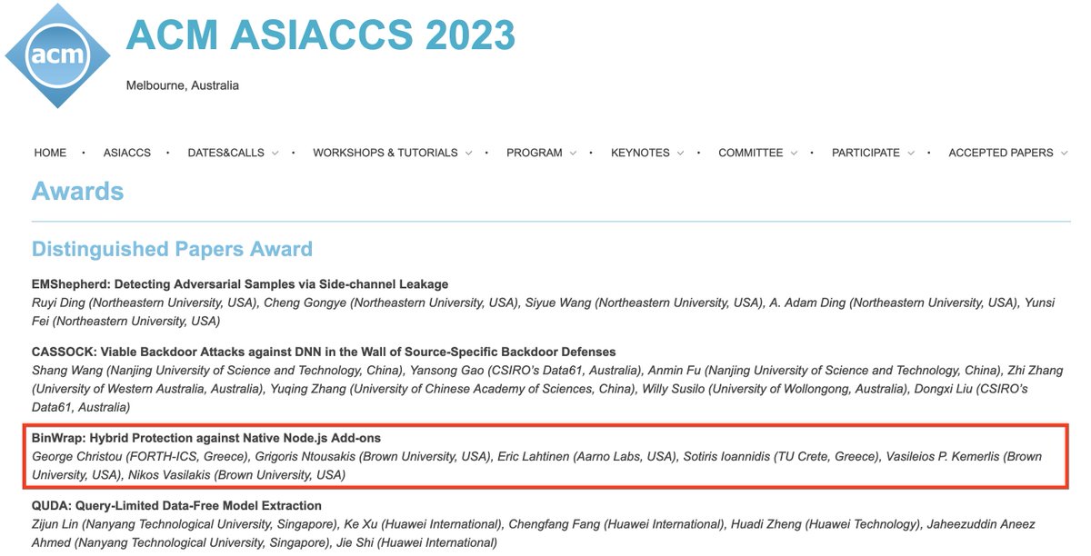 vkemerlis's tweet image. BinWrap won one of the Distinguished Paper awards at #ASIACCS 2023!! Extremely grateful to the technical program committee for this honor -- thank you, @Asiaccs2!  #binwrap #brownssl
