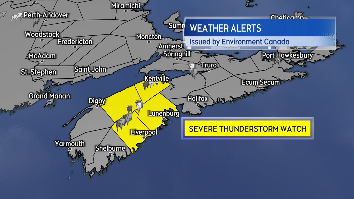 Tornado Watch and Severe Thunderstorm Warning ENDED. Severe Thunderstorm Watch continues for the Valley &amp; Lunenburg/Queens Co (interior).

Still a risk of thunderstorms this evening. Be weather aware and head inside if one is in your area.