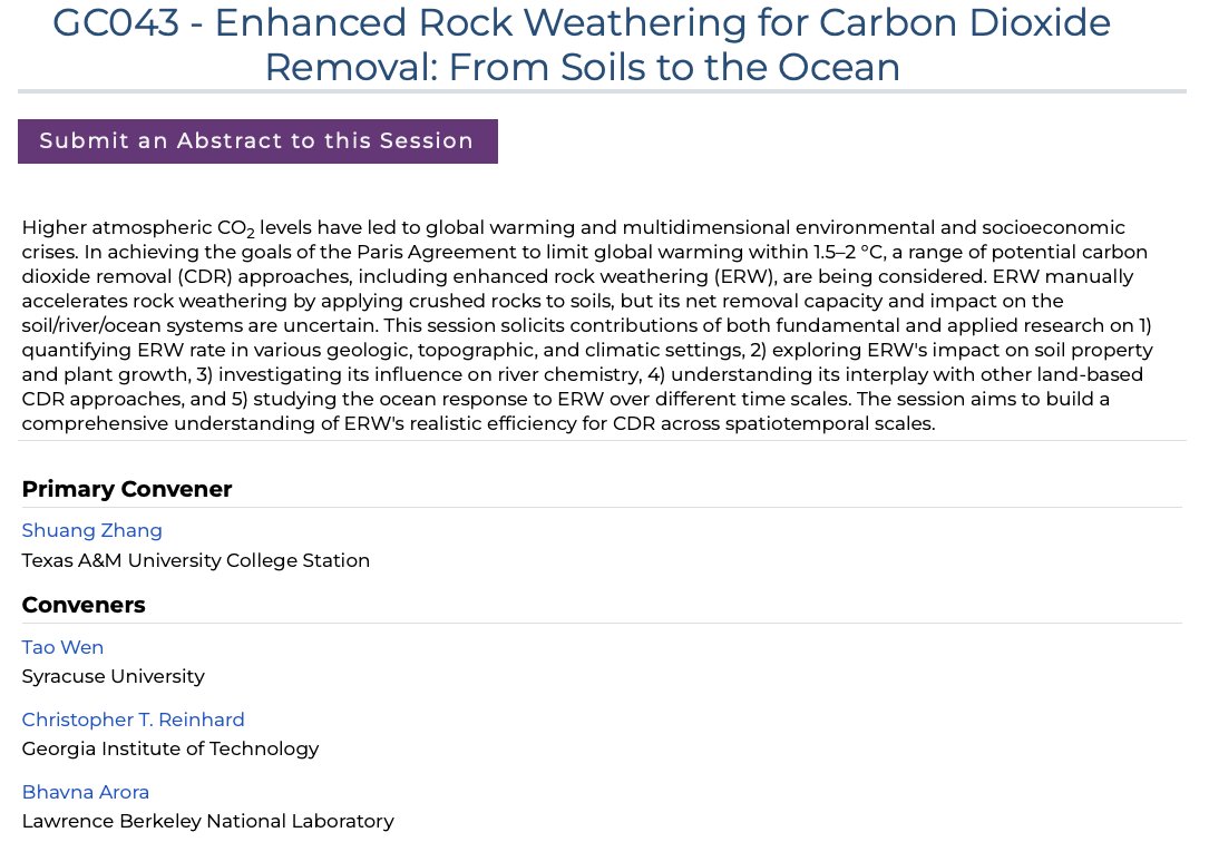 Tao Wen 文涛 (@jaywt) on Twitter photo We are organizing a session on Enhanced Rock Weathering at <a href="/theAGU/">AGU (American Geophysical Union)</a> 2023. The abstract submission portal is now open agu.confex.com/agu/fm23/gc/pa…. Please help spread the word and consider submitting your work to our session. Look forward to seeing many of you there! <a href="/caceelab/">Shuang Zhang</a> We are organizing a session on Enhanced Rock Weathering at <a href="/theAGU/">AGU (American Geophysical Union)</a> 2023. The abstract submission portal is now open agu.confex.com/agu/fm23/gc/pa…. Please help spread the word and consider submitting your work to our session. Look forward to seeing many of you there! <a href="/caceelab/">Shuang Zhang</a>