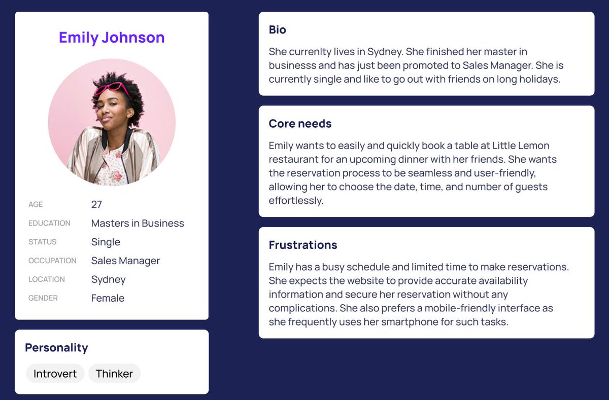 Alexander_9306's tweet photo. What is a user persona? Why does it matter for a front end developer?

A user persona is a fictional representation of a target user or customer segment.

It helps you create interfaces that meet their needs and deliver an exceptional user experience.
#UserExperience  #FrontEnd https://t.co/dt7whSCVCC