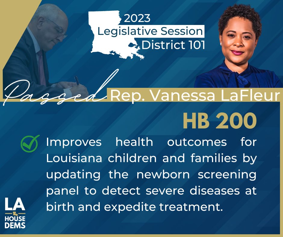 .<a href="/LouisianaGov/">Gov. John Bel Edwards</a> signed Act 17 by Rep. <a href="/VcLafleur/">Vanessa Caston LaFleur</a>, which improves health outcomes for Louisiana children &amp; families by updating the newborn screening panel to detect severe diseases at birth &amp; expedite treatment. #LaLege #LaGov