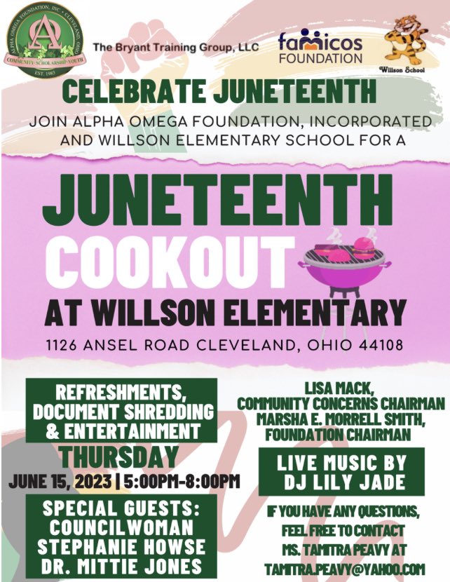 Join community members this evening at the #Juneteenth Cookout at Willson School happening TODAY from 5pm - 8pm.

Thanks to all our hosts:
- Willson School
- Alpha Omega Foundation
- <a href="/Famicos/">Famicos Foundation</a> 
- The Bryant Training Group